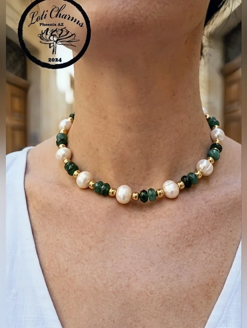 Genuine Emerald And Freshwater Baroque Pearls In Gold Plated Classic Necklace